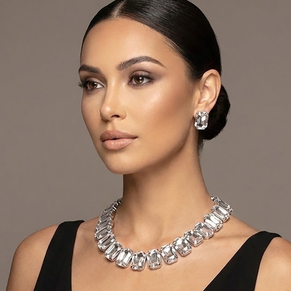 Silver Crystal Emerald Stone Chain Set Necklace Bling Evening Jewelry